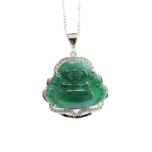 S925 Sterling Silver Jadeite Maitreya Buddha Necklace in Ice Green