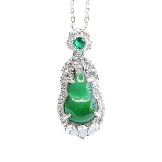 Sterling Silver Necklace with Natural Ice Green Jade and Zircon Little Flower