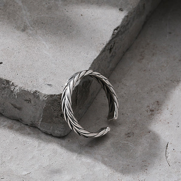 Woven Twill Opening Sterling Silver Ring