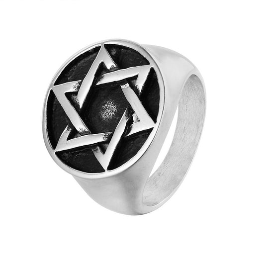 Jewish Hexagram Personality Vintage Titanium Steel Ring for Men