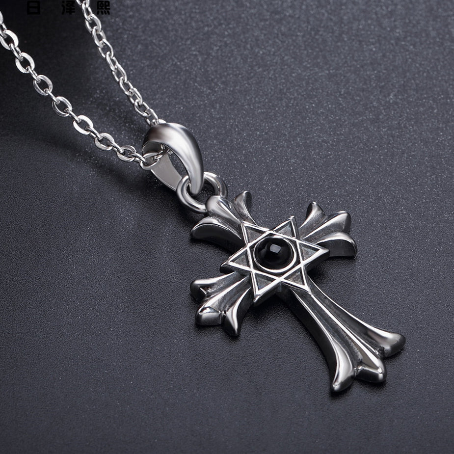 Six Pointed Star Cross Flower Crystal Titanium Necklace for Men