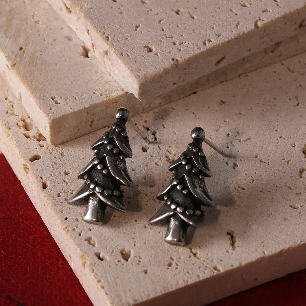 Retro Christmas Tree Stud Earrings - Trendy Stainless Steel Holiday Accessories for Men and Women