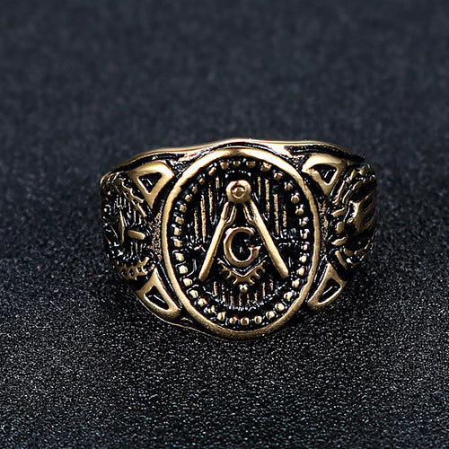 Retro Punk Gold AG Logo Titanium Steel Ring for Men - European and American Fashion Freemasonry Jewelry