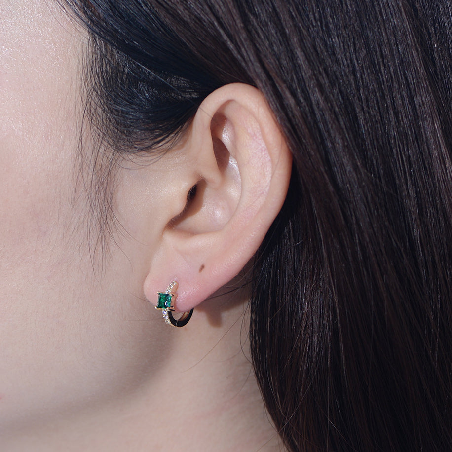 Square Green Zircon Sterling Silver Hoop Earrings