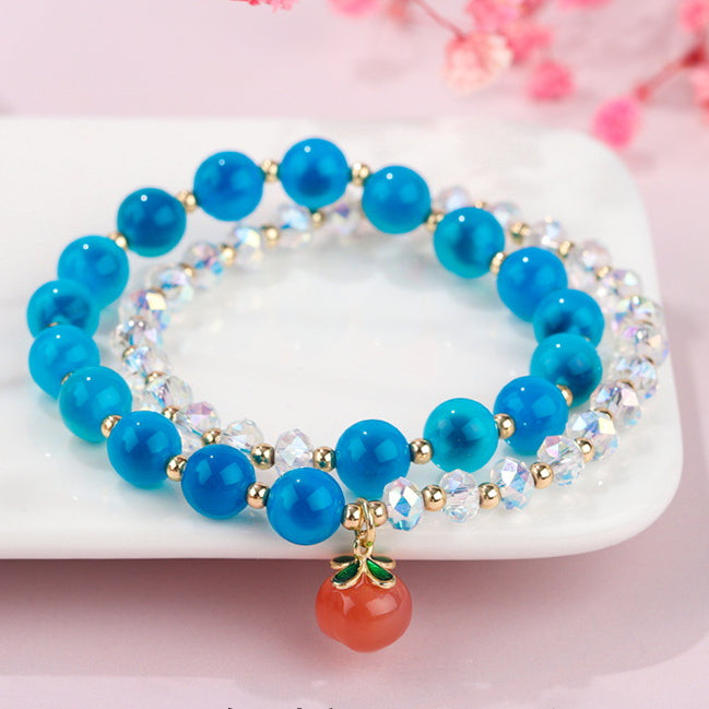 Exquisite Double Blue Crystal and Peach Agate Bracelet with Sterling Silver Beads