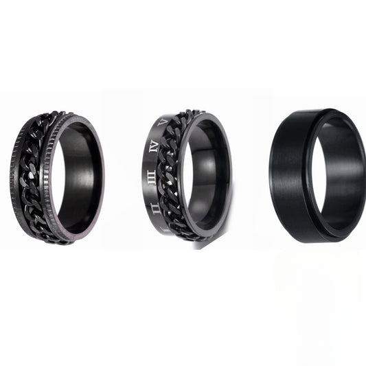 Rotating Titanium Steel Men's Ring Set with Hand Ornaments - Three-Piece Set