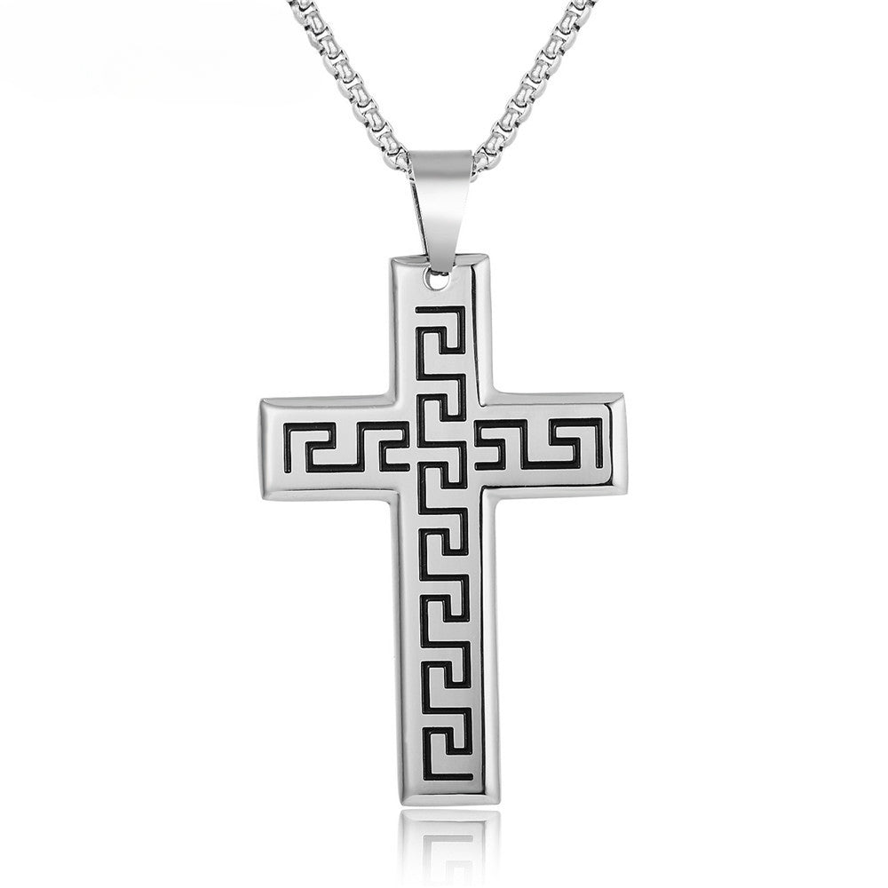 Great Wall Pattern Latin Cross Titanium Steel Necklace for Men