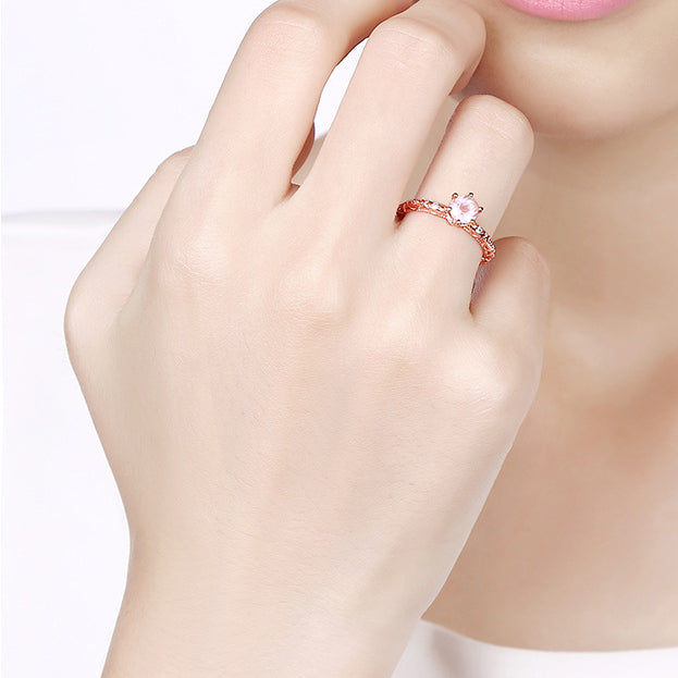 Six Prongs Round Shape Pink Crystal Opening Silver Ring