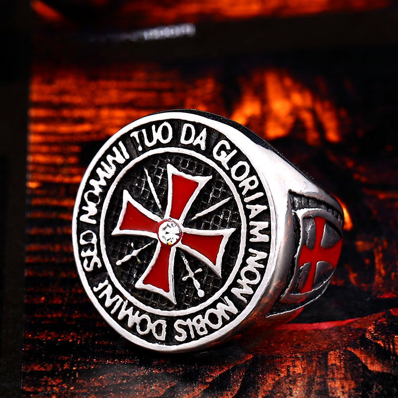 Men's Red Epoxy Templar Cross Titanium Steel Ring - Sizes 8-12 Wholesale Jewelry