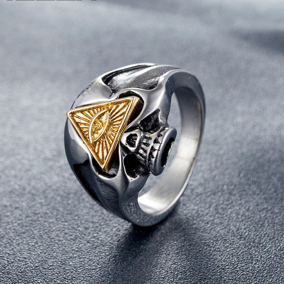 Halloween Skull Freemasonry Triangle Titanium Steel Ring for Men