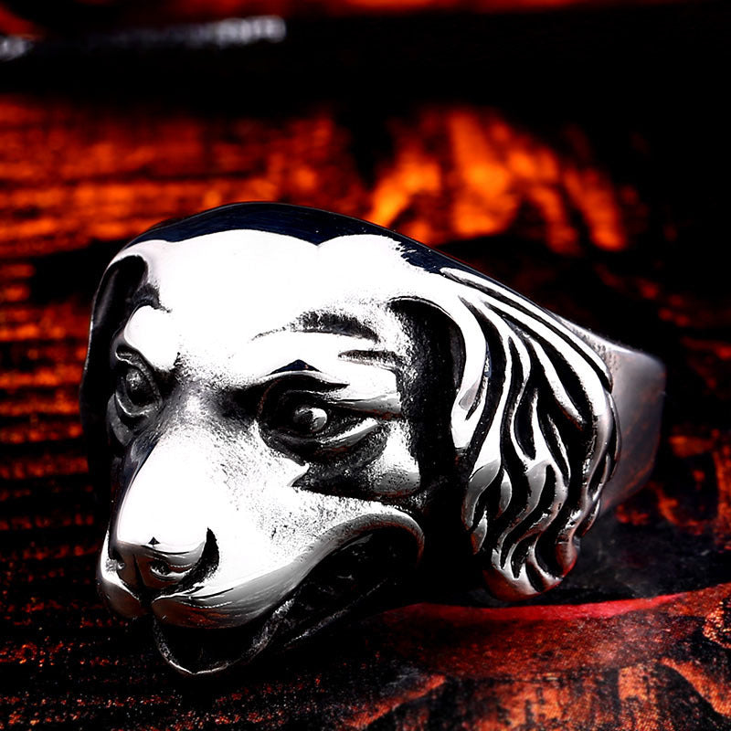 Retro Golden Retriever Head Titanium Steel Ring for Men - Edgy Punk Style, Sizes 7-13