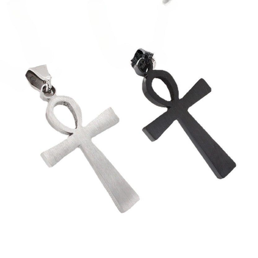 Brushed Ankh Cross Zircon Titanium Steel Pendant for Men