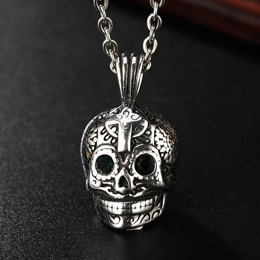 Halloween Ghost Skull Green Zircon Titanium Steel Necklace for Men