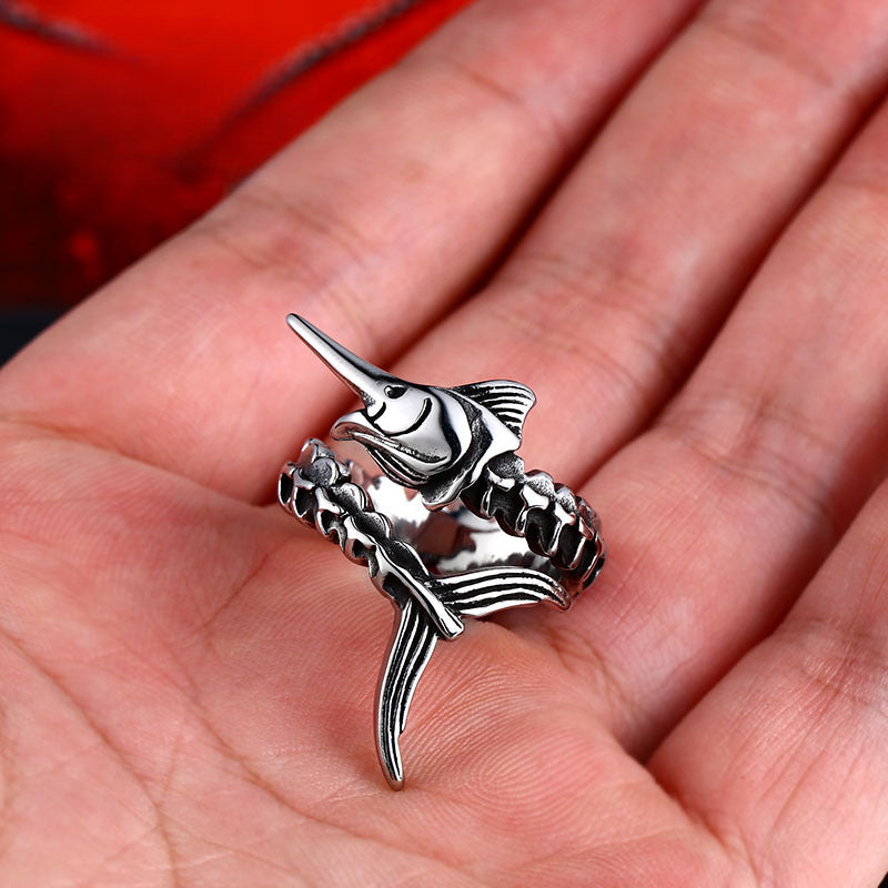 Men's Vintage Fish Bone Pattern Titanium Steel Open Ring - Trendy Fashion Accessory