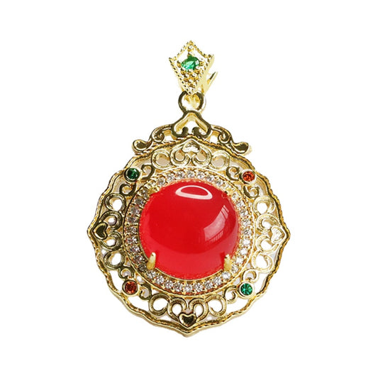 Vintage Sterling Silver Red Agate Chalcedony Pendant with Golden Hollow Luxurious Design