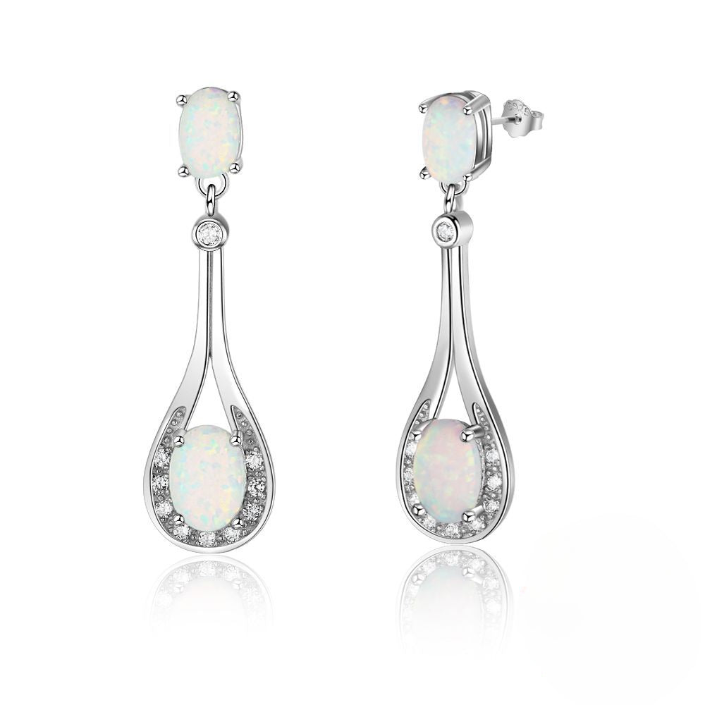 Zircon Water Droplet Pendant Double Oval Opal Sterling Silver Drop Earrings