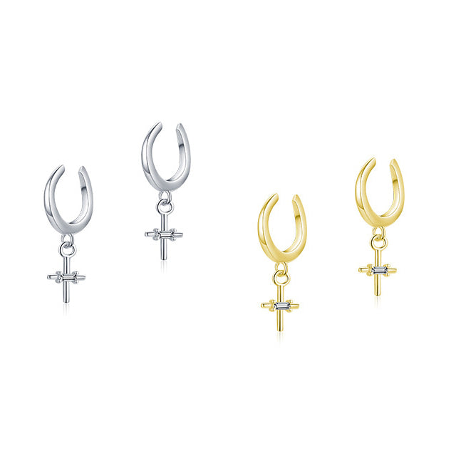 S925 Pure Silver Cross Ear Clips for Non-Pierced Ears