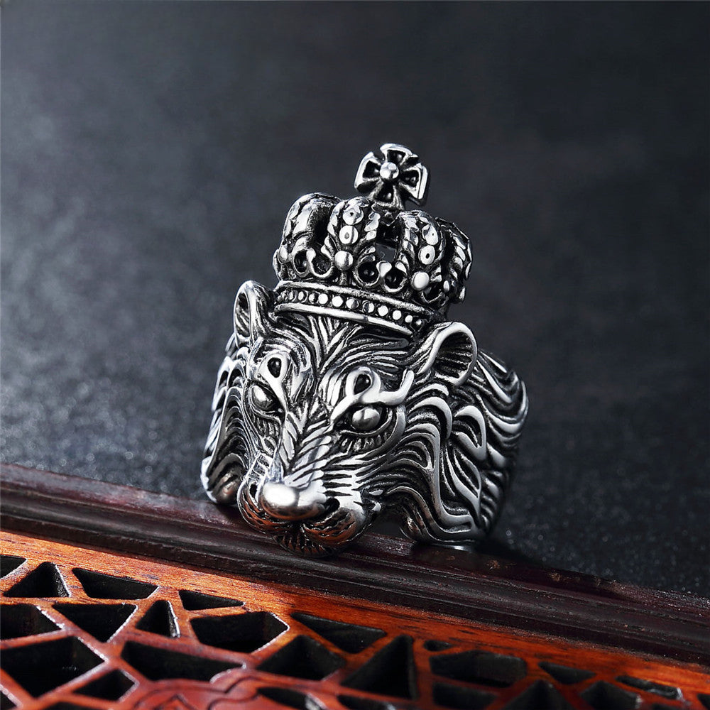 Vintage Crown Lion King Titanium Steel Ring for Men