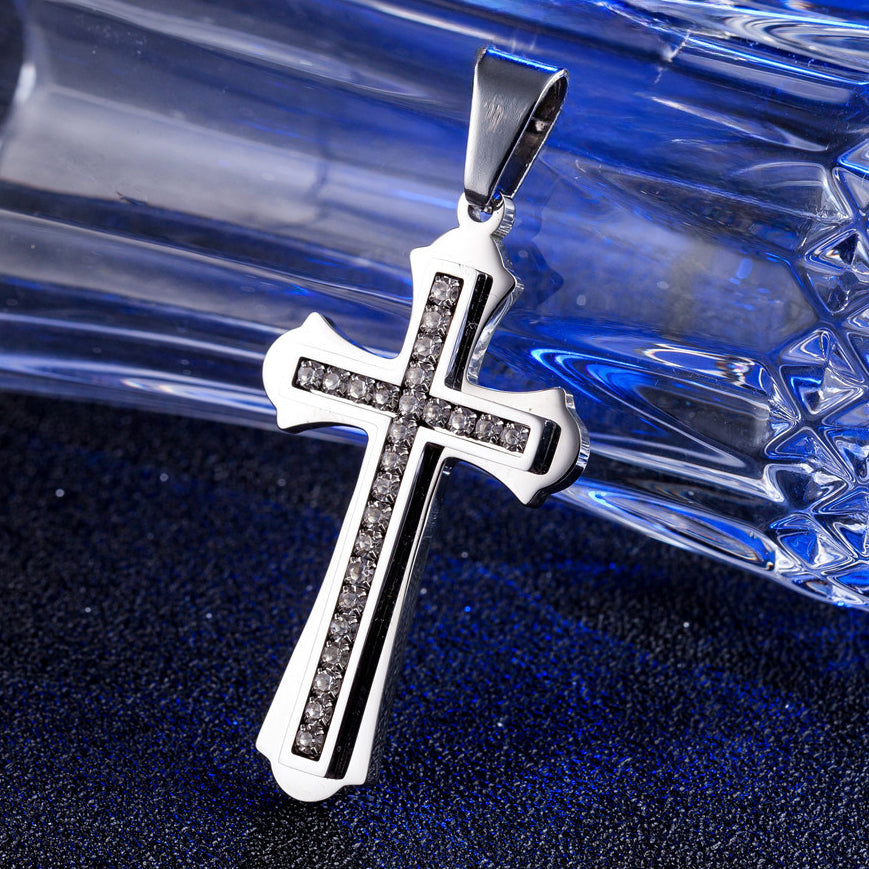 Zircon Saint Latin Cross Titanium Steel Pendant for Men