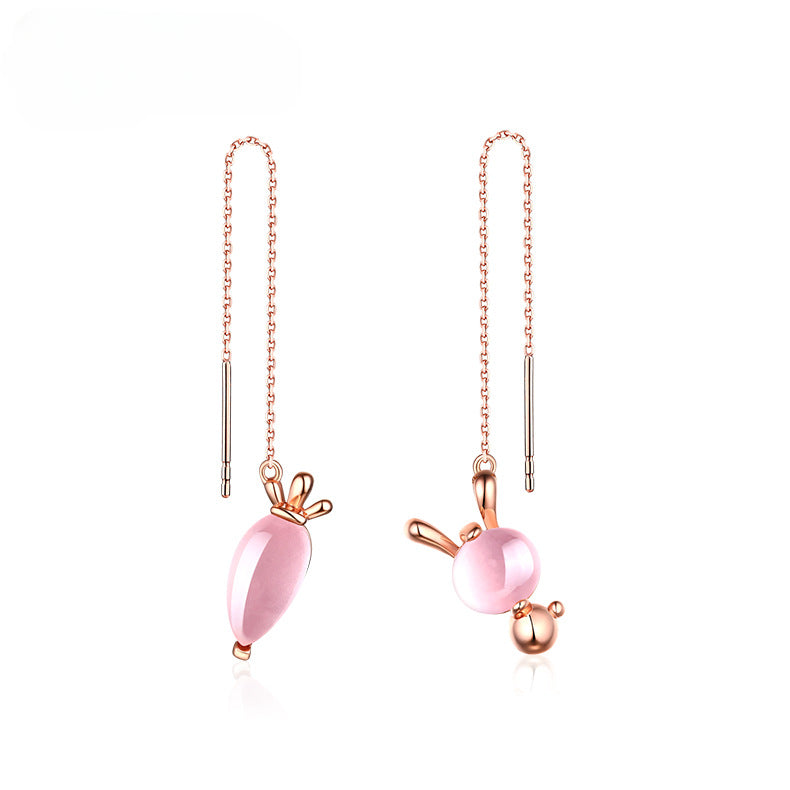 Pink Crystal Carrot and Bunny Asymmetrical Silver Ear Line Earrings