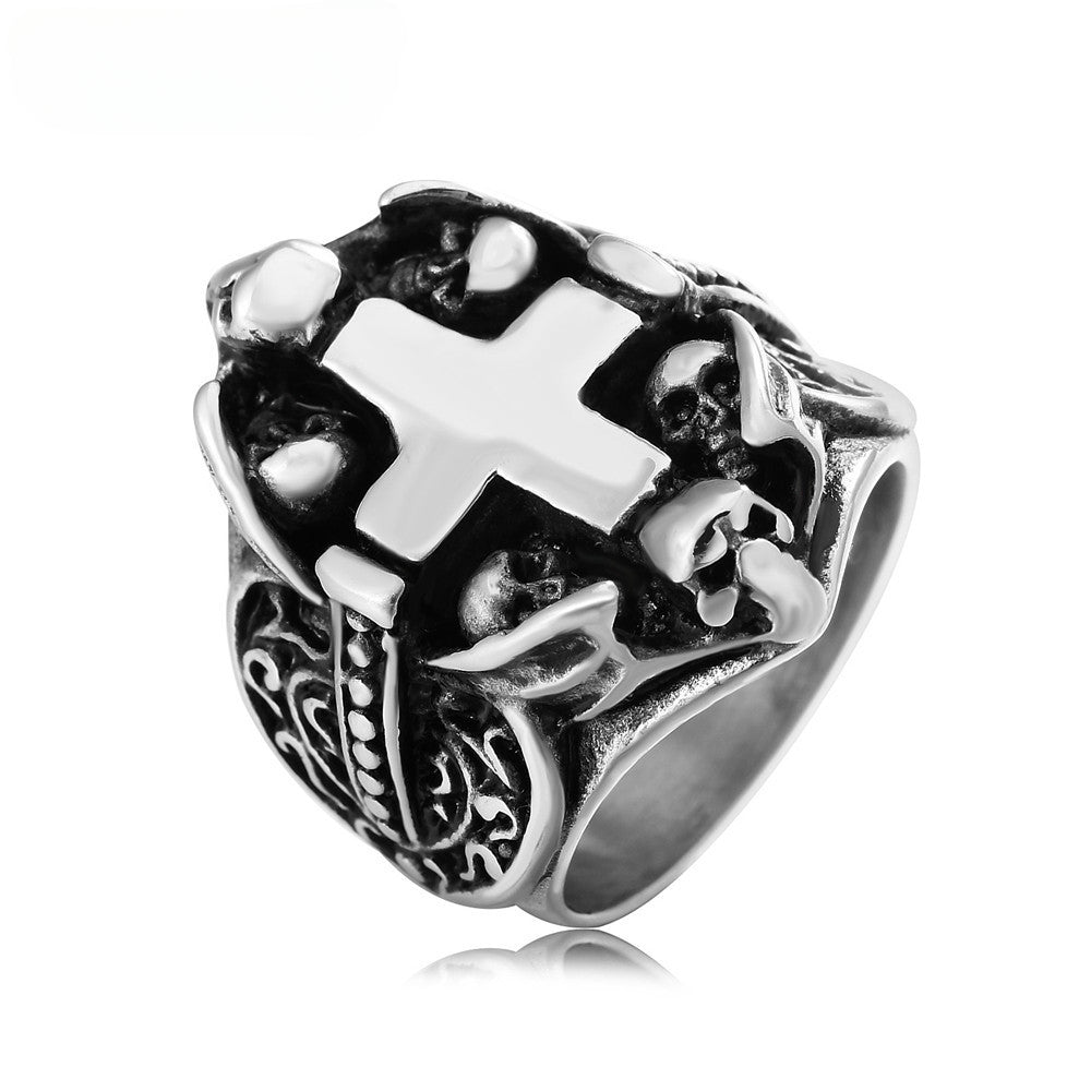 Halloween Skull Shield Greek Cross Titanium Steel Ring for Men