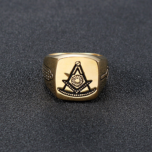 Stylish Retro Freemason Punk Ring in Gold Titanium Steel for Men