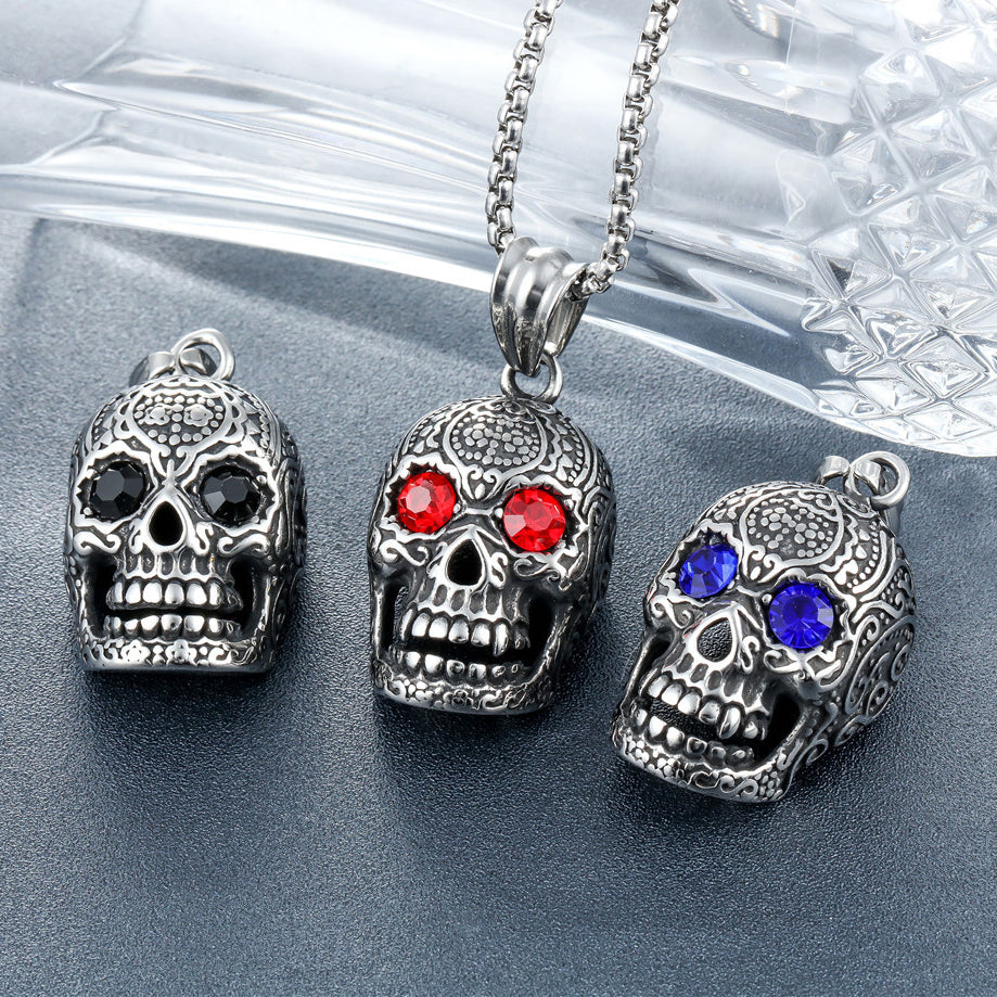 Halloween Carved Skull Zircon Eyes Titanium Steel Necklace for Men