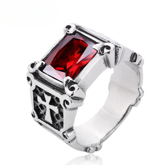 Trendy Retro Men's Thai Silver Ring with Titanium Steel and Zircon Inlay