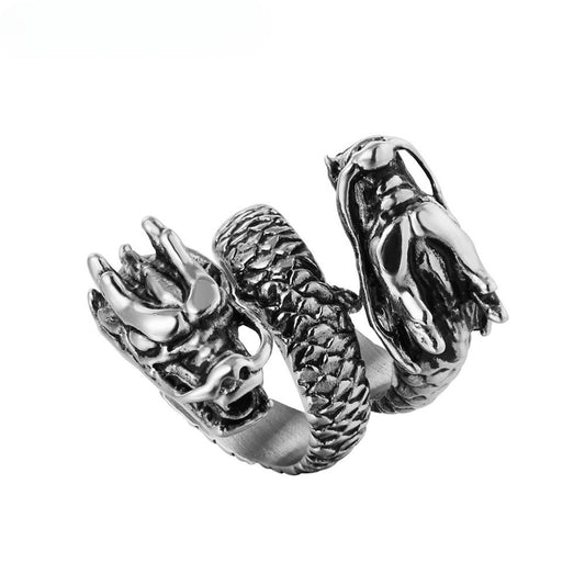 Double Headed Chinese Dragon Titanium Steel Ring for Men