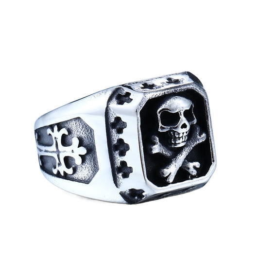 Titanium Steel Skull Ring for Men - Retro European and American Punk Style Cross Design