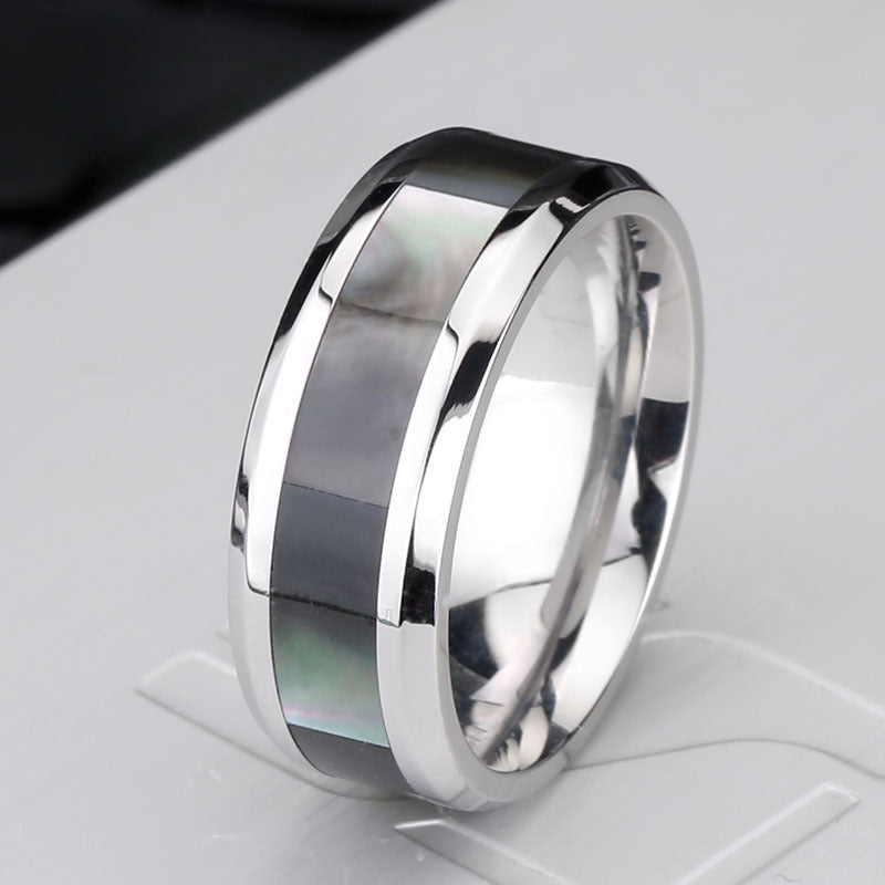 Stylish Men's Stainless Steel Shell Inlaid Ring - Wholesale Fashion Jewelry