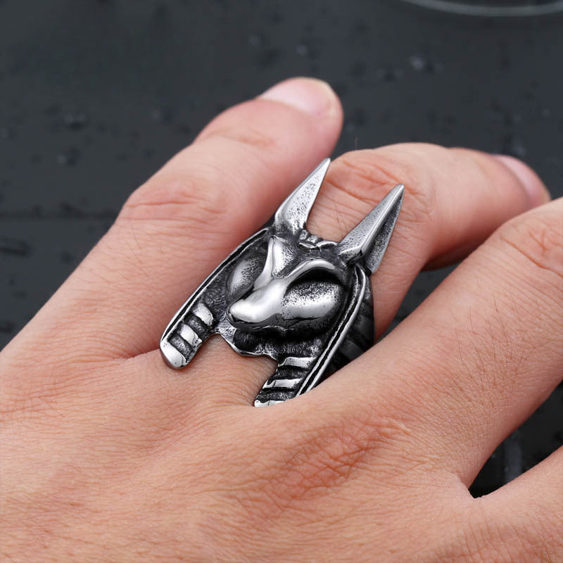 Titanium Steel Anubis Ring for Men - European and American Foreign Trade Design, Stainless Steel Jackal Ring, Sizes 7-13