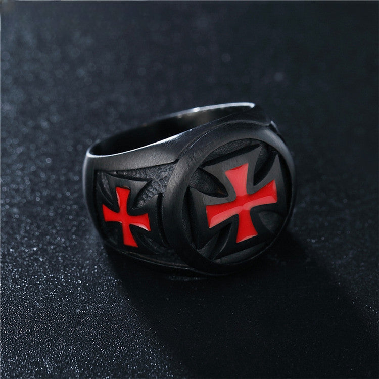 Red Cross Pattee Black Titanium Steel Ring