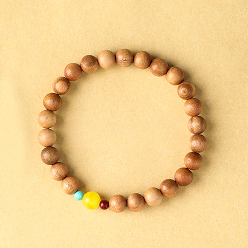 Artistic Literary Wooden Bracelet with Peach Wood and Cinnabar Honey Wax Beads