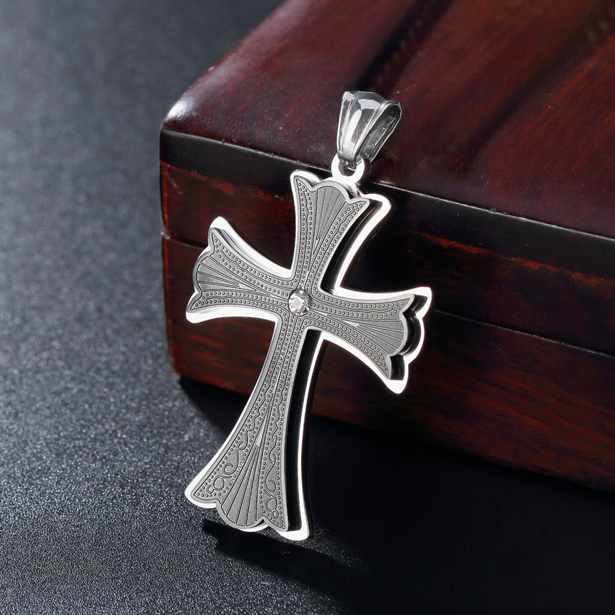 Saint Byzantine Cross Zircon Titanium Steel Pendant for Men