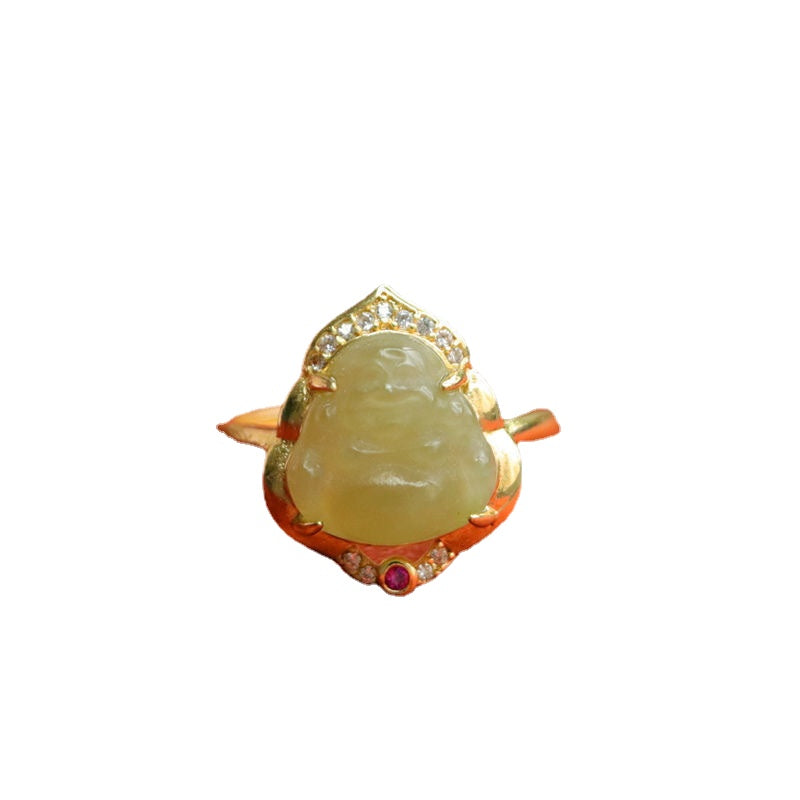 Exquisite Hetian Jade Buddha Ring with Sterling Silver