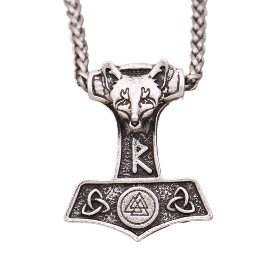 Viking Thor's Hammer Necklace with Norse Symbols - Men's Metal Amulet