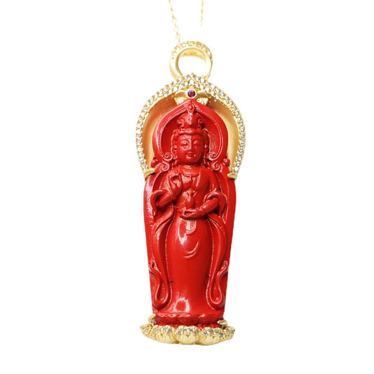 Divine Cinnabar Guanyin Necklace in Red Sand Golden Finish