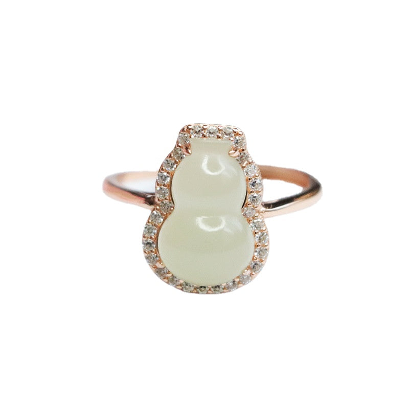 Sterling Silver Adjustable Gourd Ring with Natural Hetian Jade and Zircon