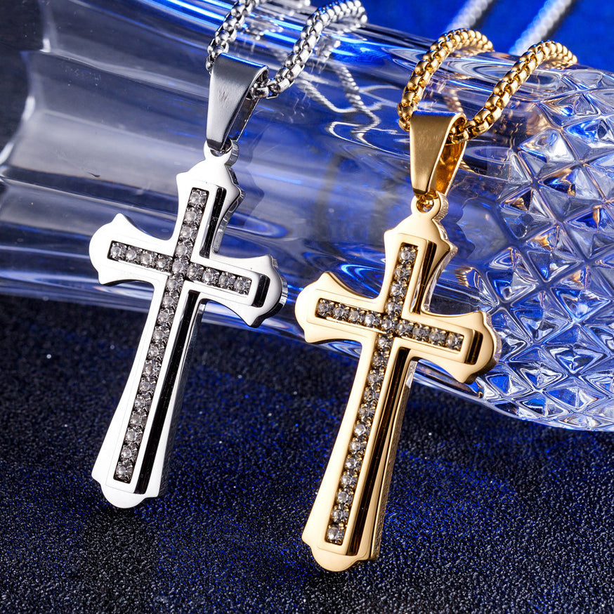 Zircon Saint Latin Cross Titanium Steel Pendant for Men