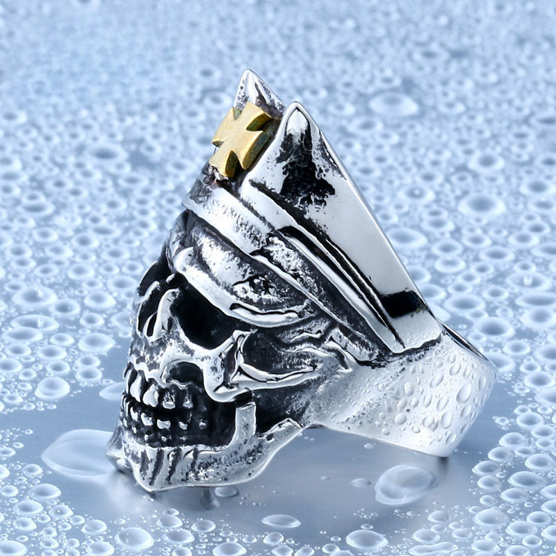 Retro Military-Inspired Titanium Steel Gold Cross Skull Ring for Men, Wholesale Punk Jewelry