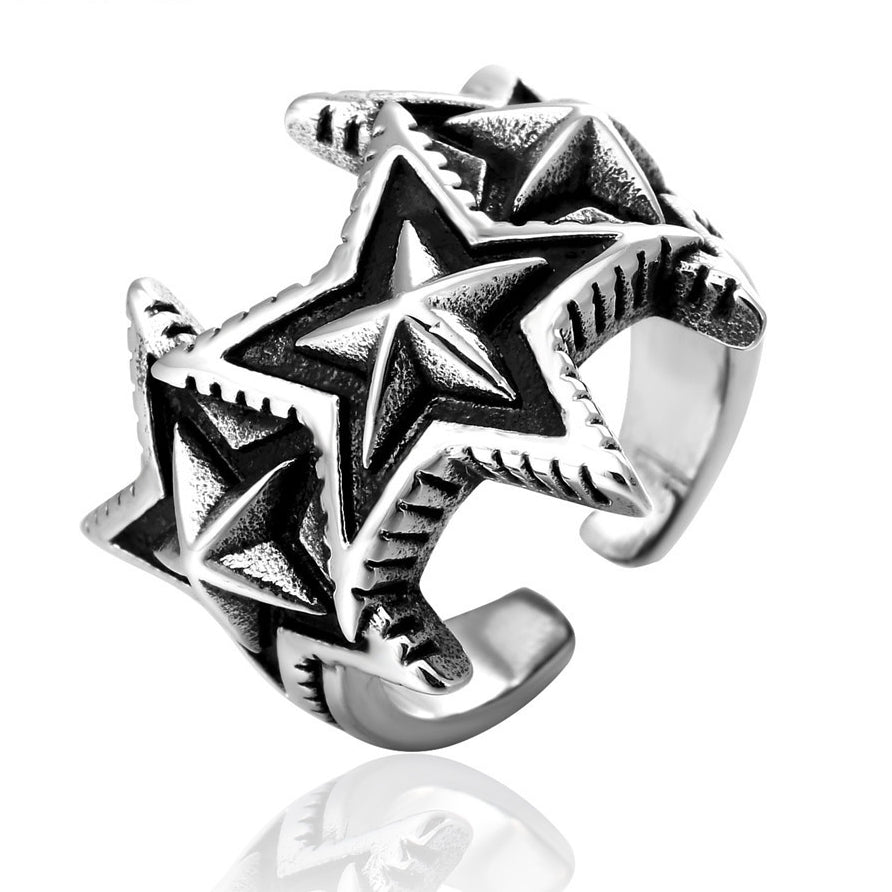 Fashion Retro Worn Out Five Star Open Titanium Steel Ring for Men