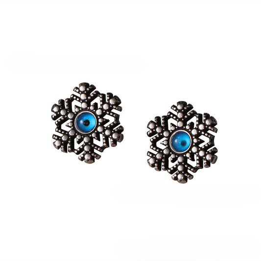 Unisex Retro Titanium Steel Snow Flower Sapphire Stud Earrings