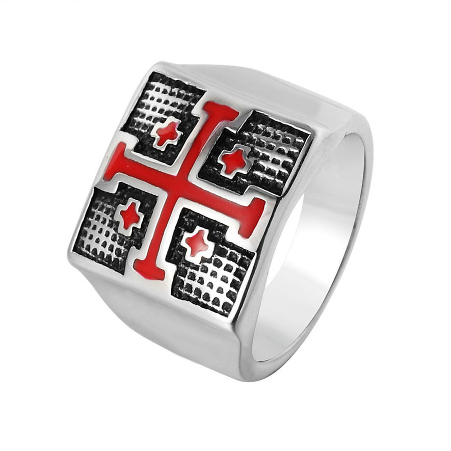 Red Jerusalem Cross Square Titanium Steel Ring for Men