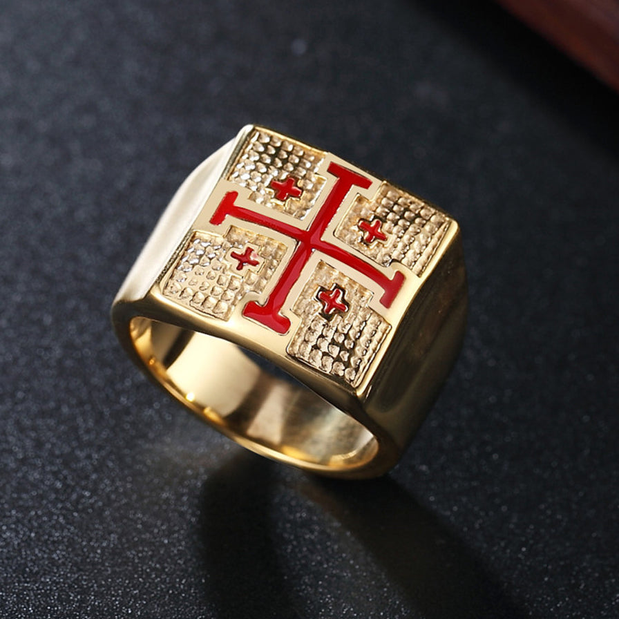 Red Jerusalem Cross Square Titanium Steel Ring for Men