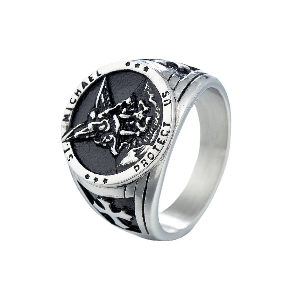 Ancient Greek Angel Wings War God Latin Cross Titanium Steel Ring for Men