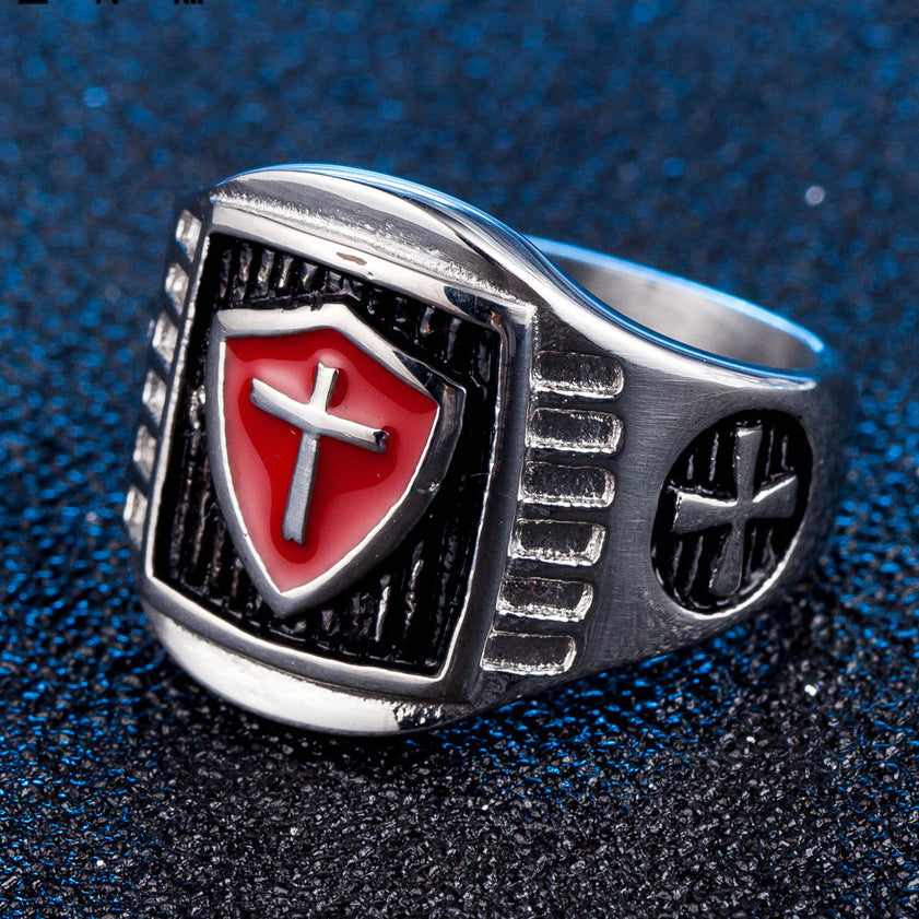 Red Knights Shield Latin Cross Titanium Steel Ring for Men