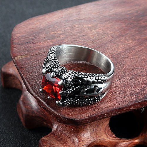 Retro Domineering Titanium Steel Ring with Paw Red Zircon for Men