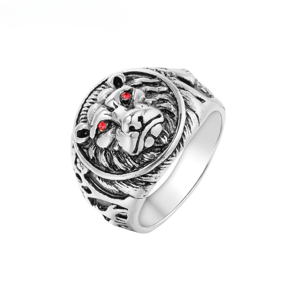 Red Eye Zircon Lion Head Relief Round Shape Titanium Steel Ring for Men