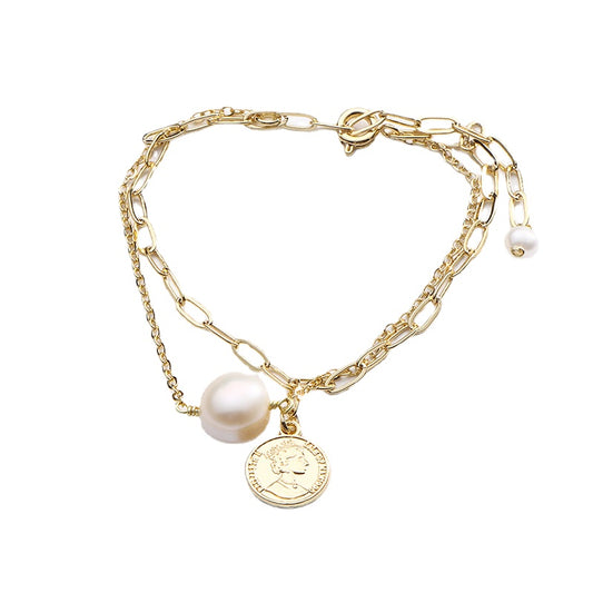 Luxurious Double-Layer Pearl Bracelet with Sterling Silver Chain